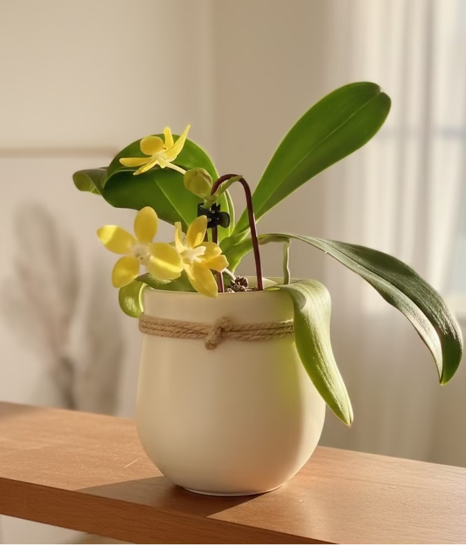 Phlaenopsis Plant in matsuka pot on shelf